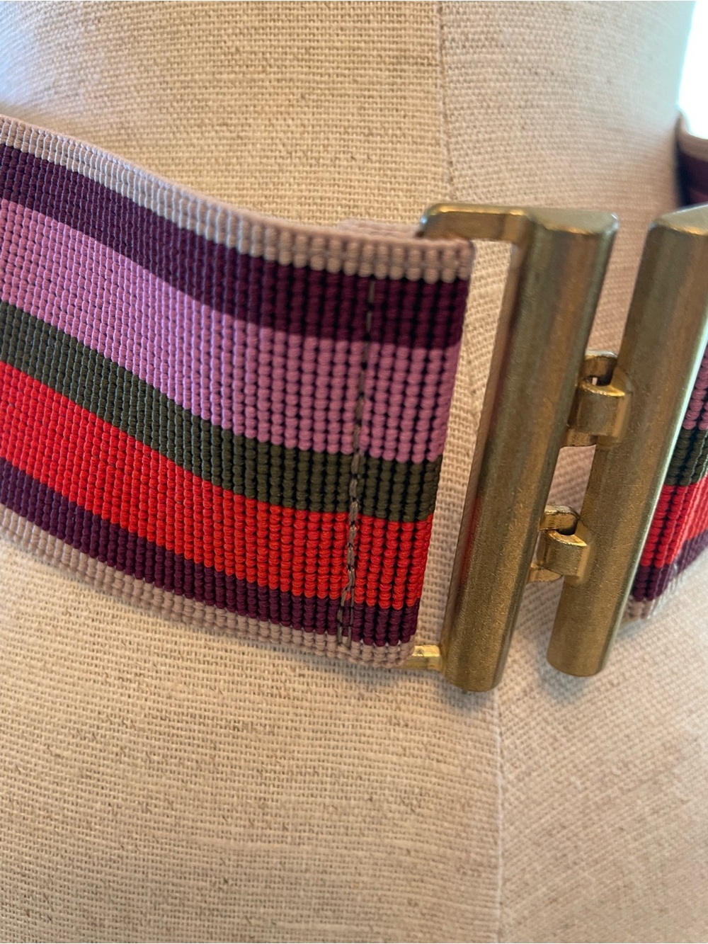 Vintage Striped Elastic Waist Belt in Pink, Red, Green with Gold Buckle 26-28” - Picture 3 of 3